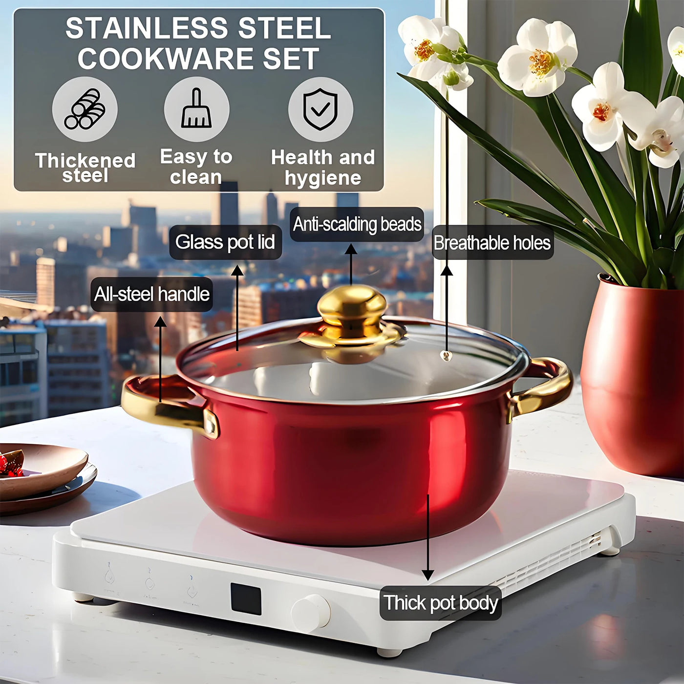 ChefLuxe – 6-Piece Red Cookware Set with Golden Handles