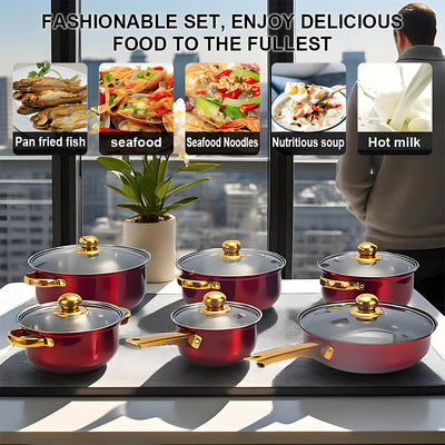 Set of red cookware with gold handles on a table, with food images and text in the background.
