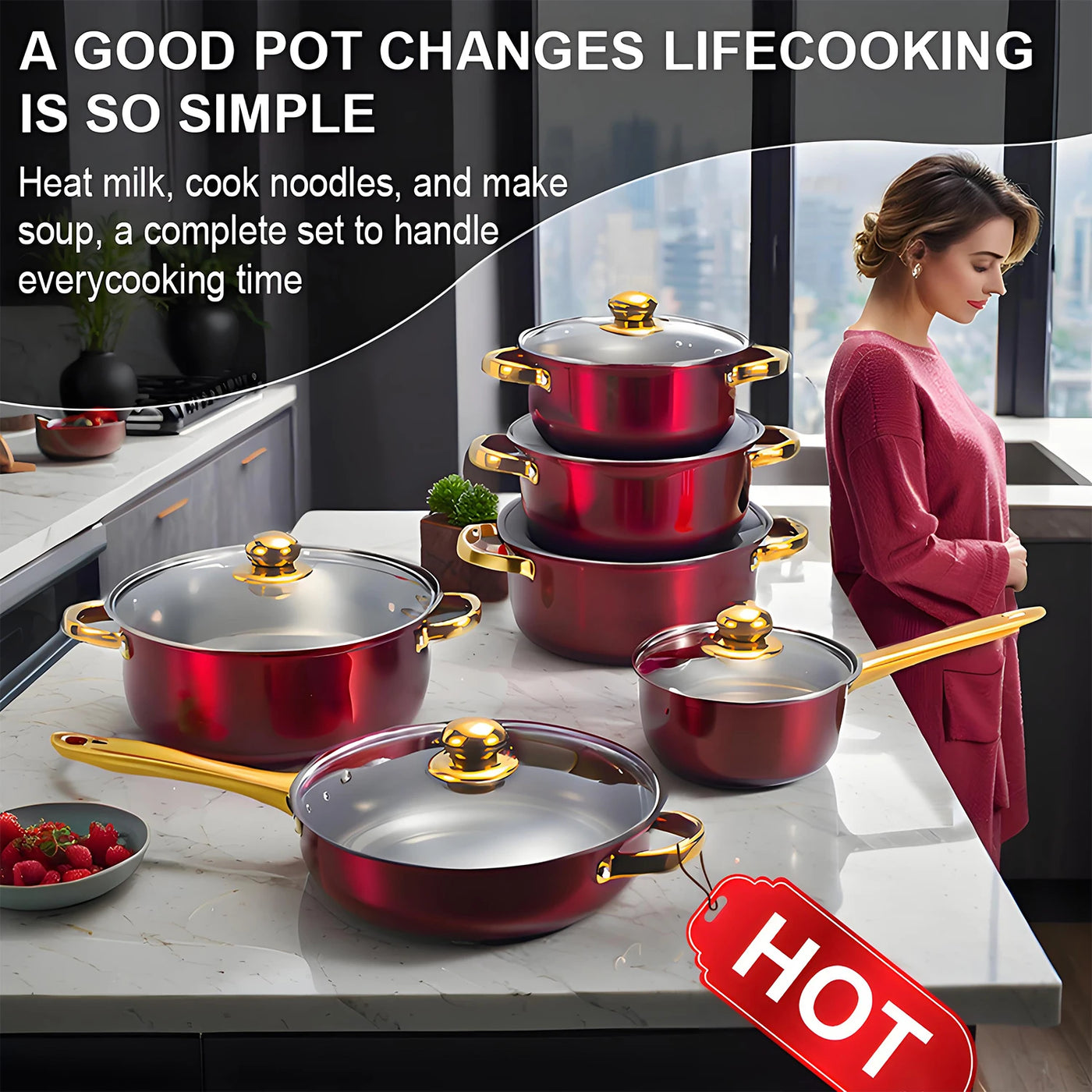 ChefLuxe – 6-Piece Red Cookware Set with Golden Handles