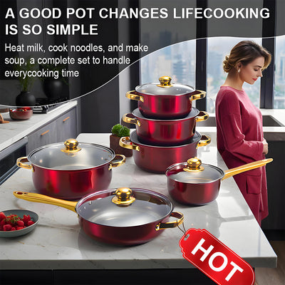 ChefLuxe – 6-Piece Red Cookware Set with Golden Handles