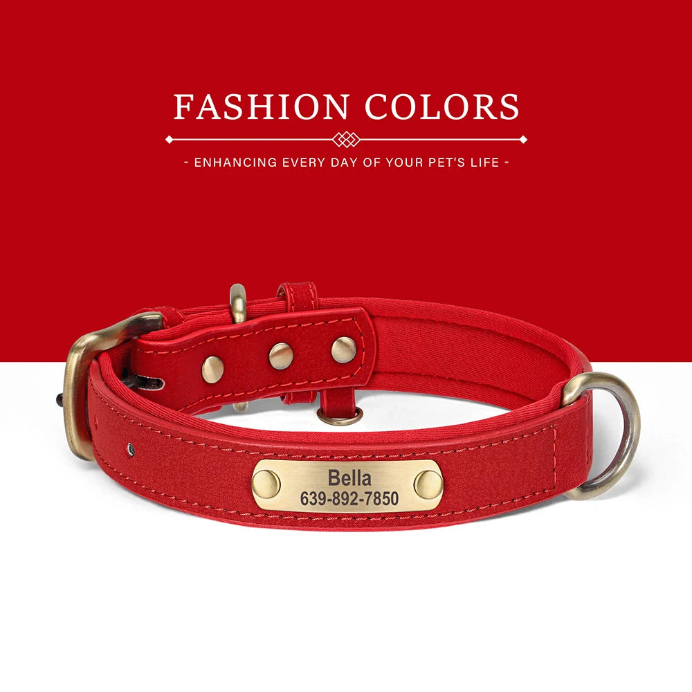 Personalized PU Leather Dog Collar Soft Padded Pet Dog Collars Durable Puppy Necklace Free Custom for Small Medium Large Dogs - Comfeasy