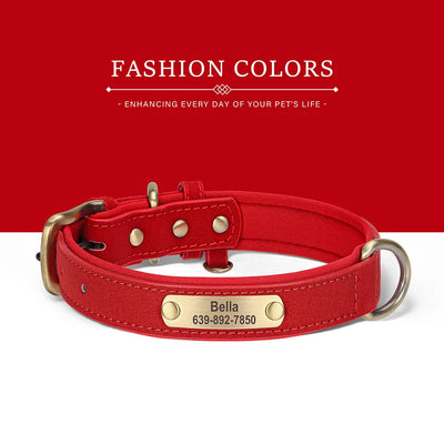 Personalized PU Leather Dog Collar Soft Padded Pet Dog Collars Durable Puppy Necklace Free Custom for Small Medium Large Dogs - Comfeasy