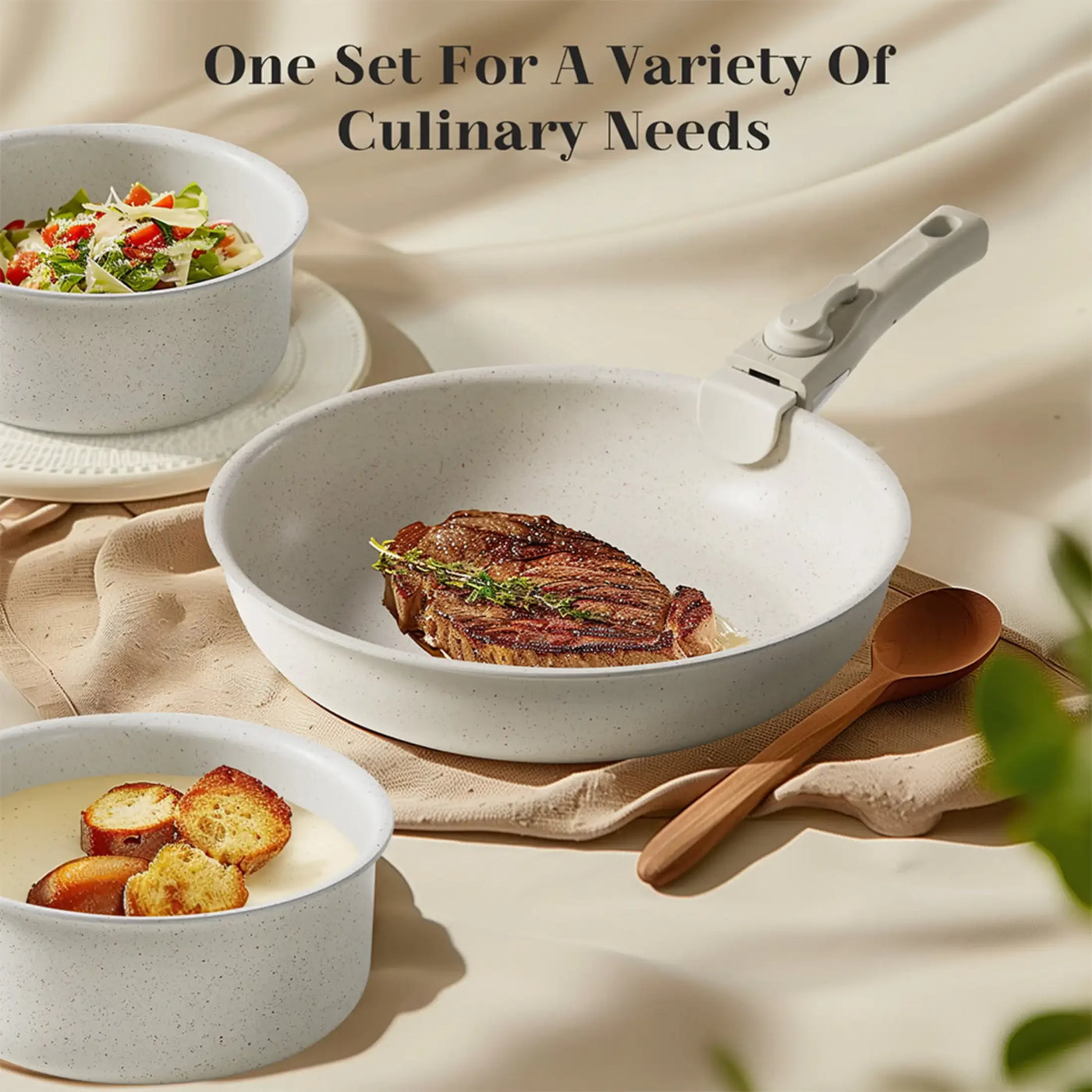 XMSJ 12-Piece Nonstick Cookware Set – White Granite, Detachable Handle