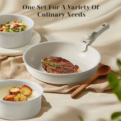 XMSJ 12-Piece Nonstick Cookware Set – White Granite, Detachable Handle