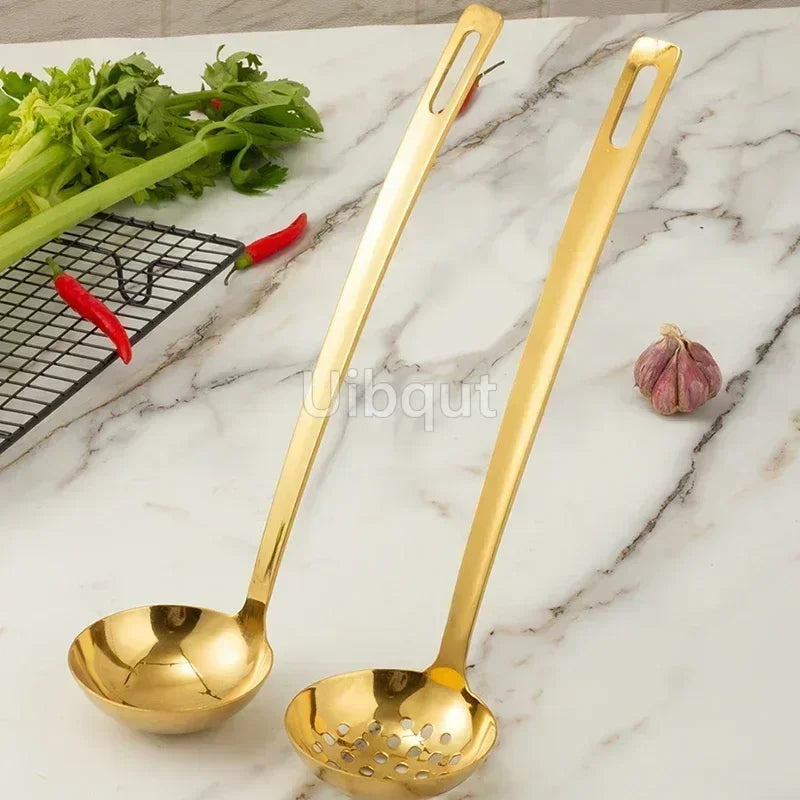 GoldServe Heavy-Duty Stainless Steel Soup Ladle – Golden Plated Restaurant & Home Spoon