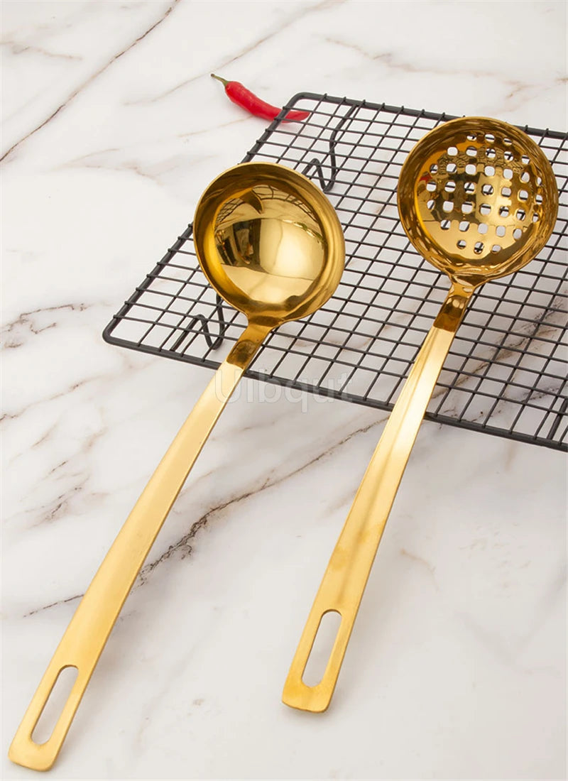 GoldServe Heavy-Duty Stainless Steel Soup Ladle – Golden Plated Restaurant & Home Spoon