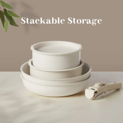 XMSJ 12-Piece Nonstick Cookware Set – White Granite, Detachable Handle