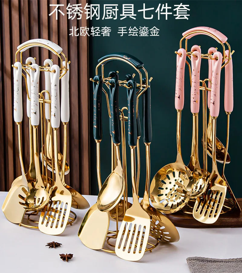 NordicChef 7-Piece Stainless Steel Kitchen Utensil Set – Ceramic Handle Cooking Tools