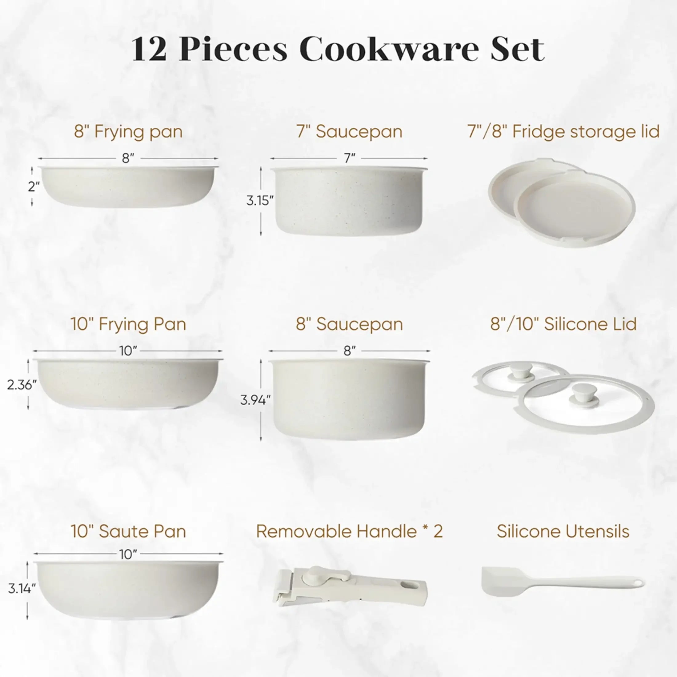 XMSJ 12-Piece Nonstick Cookware Set – White Granite, Detachable Handle