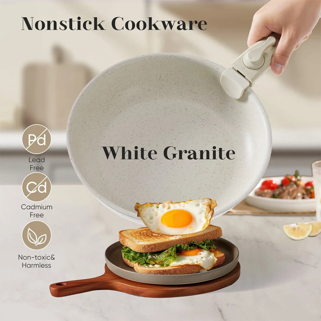 XMSJ 12-Piece Nonstick Cookware Set – White Granite, Detachable Handle
