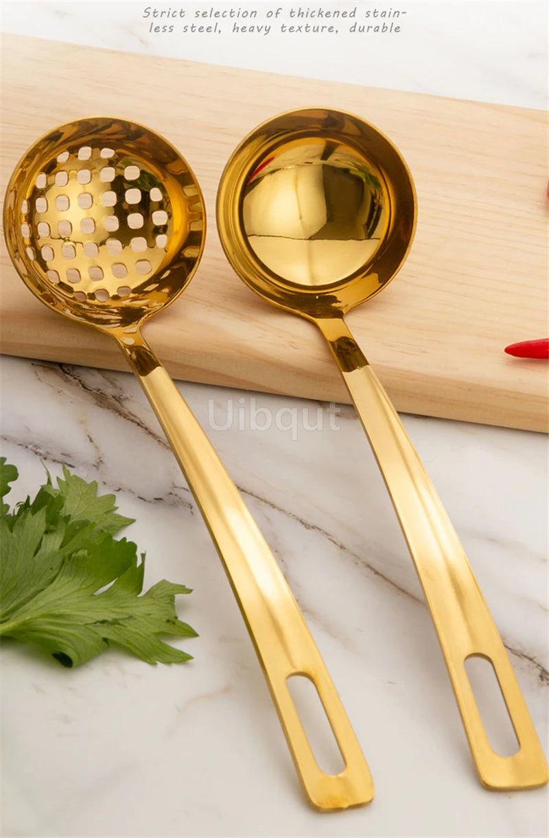 GoldServe Heavy-Duty Stainless Steel Soup Ladle – Golden Plated Restaurant & Home Spoon