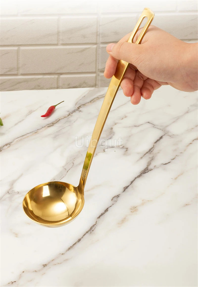 GoldServe Heavy-Duty Stainless Steel Soup Ladle – Golden Plated Restaurant & Home Spoon