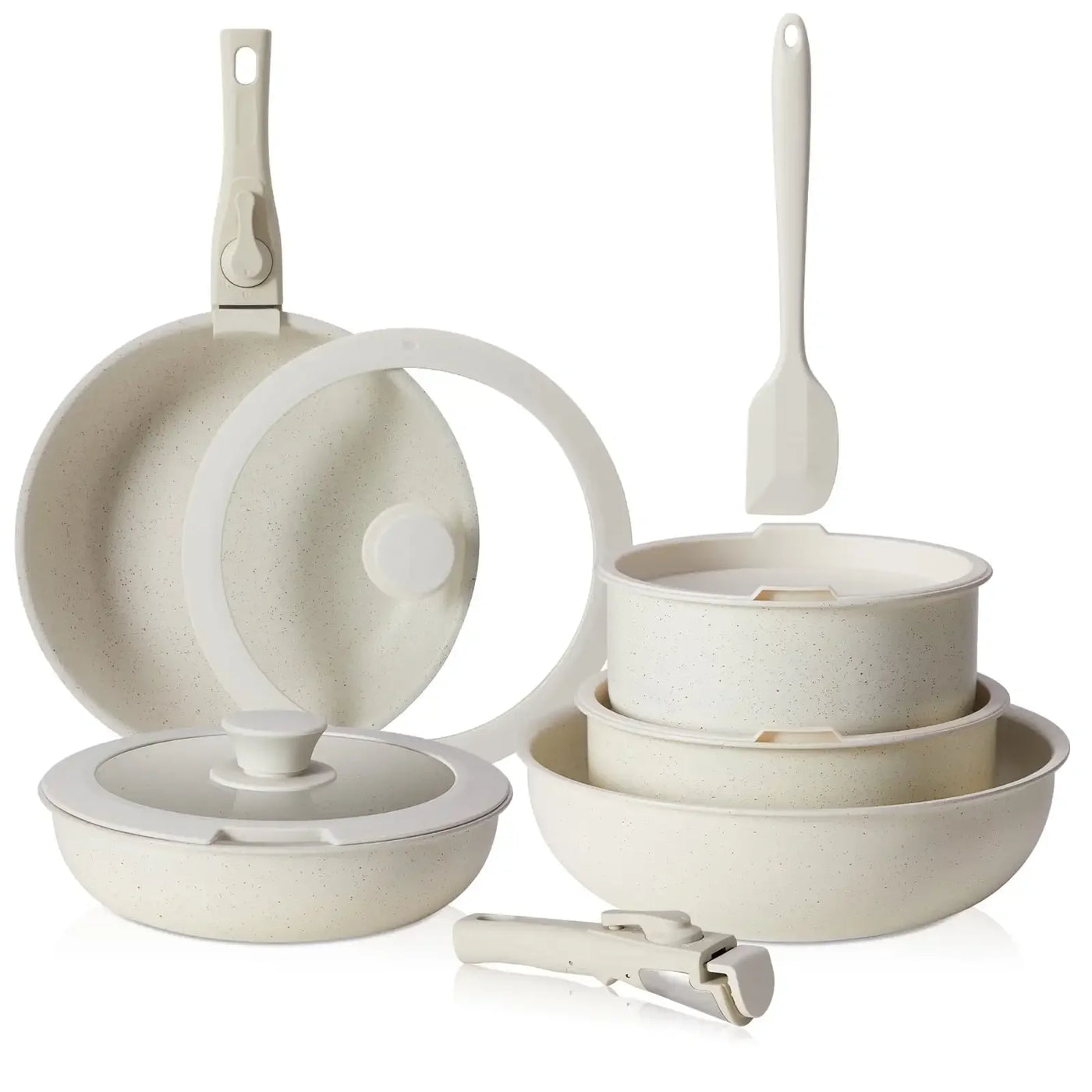 XMSJ 12-Piece Nonstick Cookware Set – White Granite, Detachable Handle