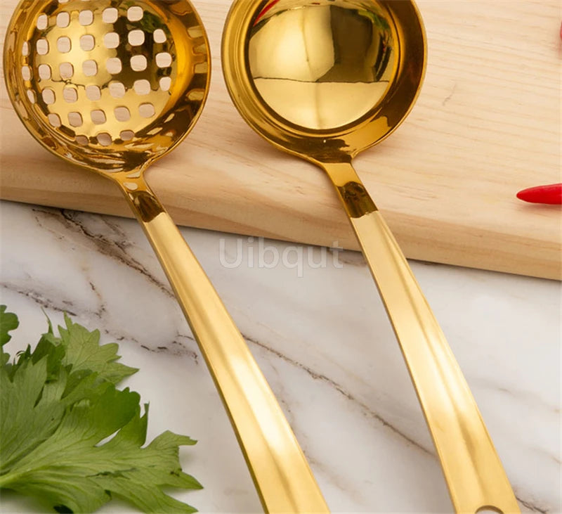 GoldServe Heavy-Duty Stainless Steel Soup Ladle – Golden Plated Restaurant & Home Spoon