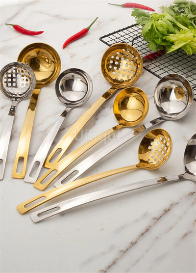 GoldServe Heavy-Duty Stainless Steel Soup Ladle – Golden Plated Restaurant & Home Spoon