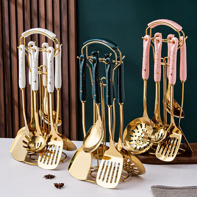 NordicChef 7-Piece Stainless Steel Kitchen Utensil Set – Ceramic Handle Cooking Tools